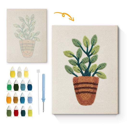 Krukväxt med gröna blad – Punch needle-broderi