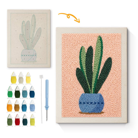 Blå växt i kruka – Punch needle-broderi
