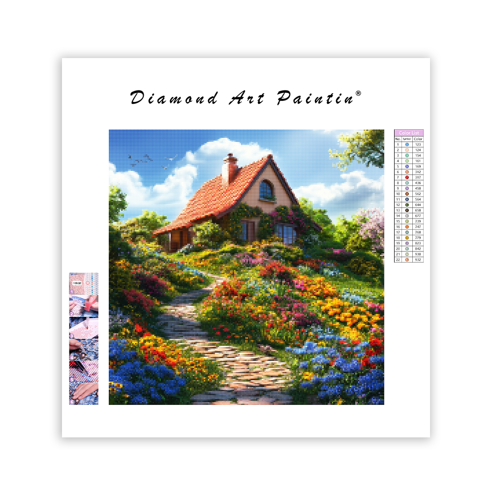 Färgglad stuga på en blomsterkulle - Diamond Painting