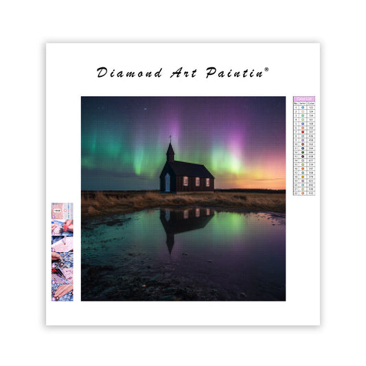 Isländsk kyrka under norrsken - Diamantmålning