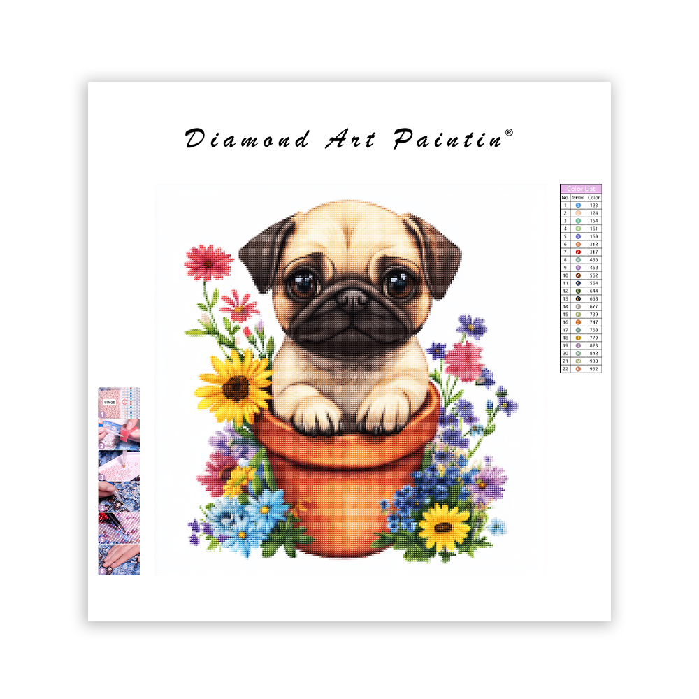 Mops i en blomkruka - Diamantmålning