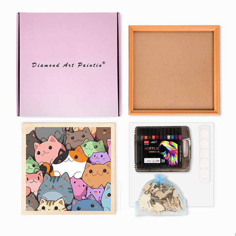 Runda små kattungar - Träpussel att färglägga