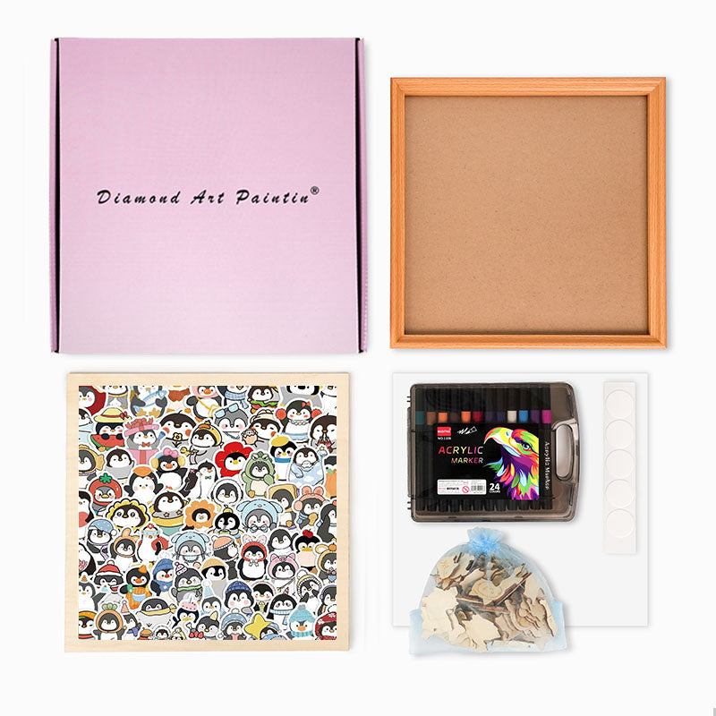 Roliga pingviner - Träpussel att färglägga