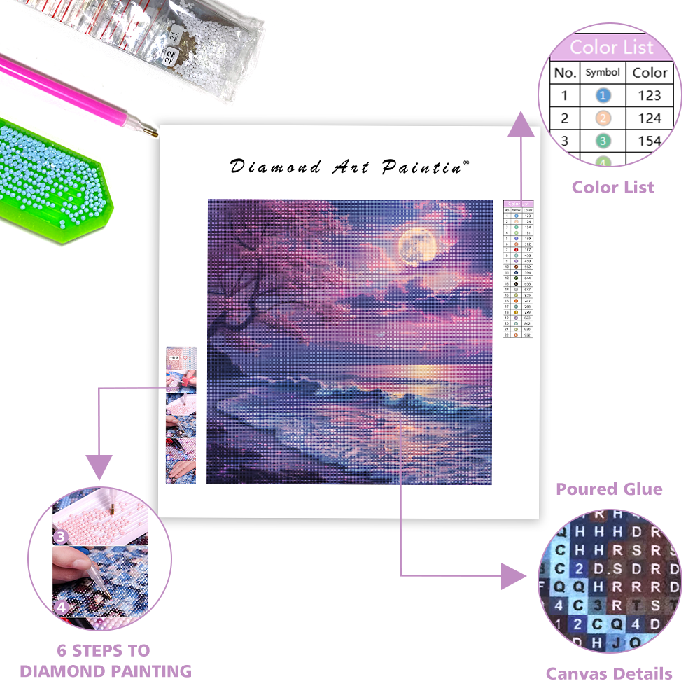 Sakura, mesačný svit, more - Diamantmålning