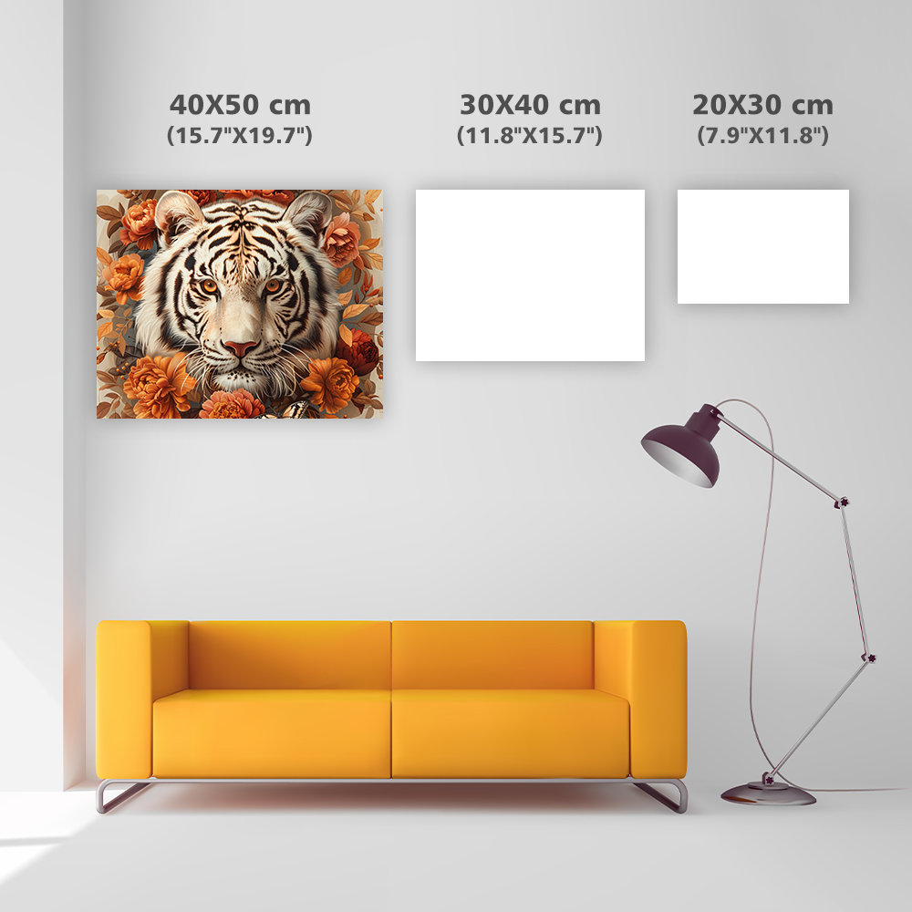 Biely tiger s oranžovými kvetmi - Diamantmålning