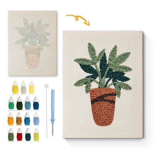 Frodiga gröna blad i kruka – Punch needle-broderi
