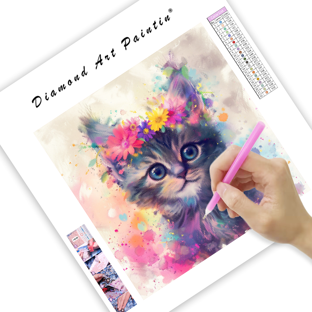 Blommig katt - Diamantmålning