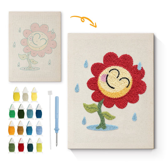 Leende solros i regn – Punch needle-broderi