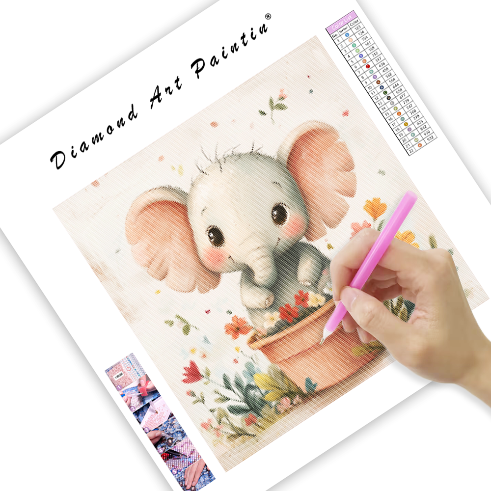Glad elefant i en blomkruka - Diamantmålning