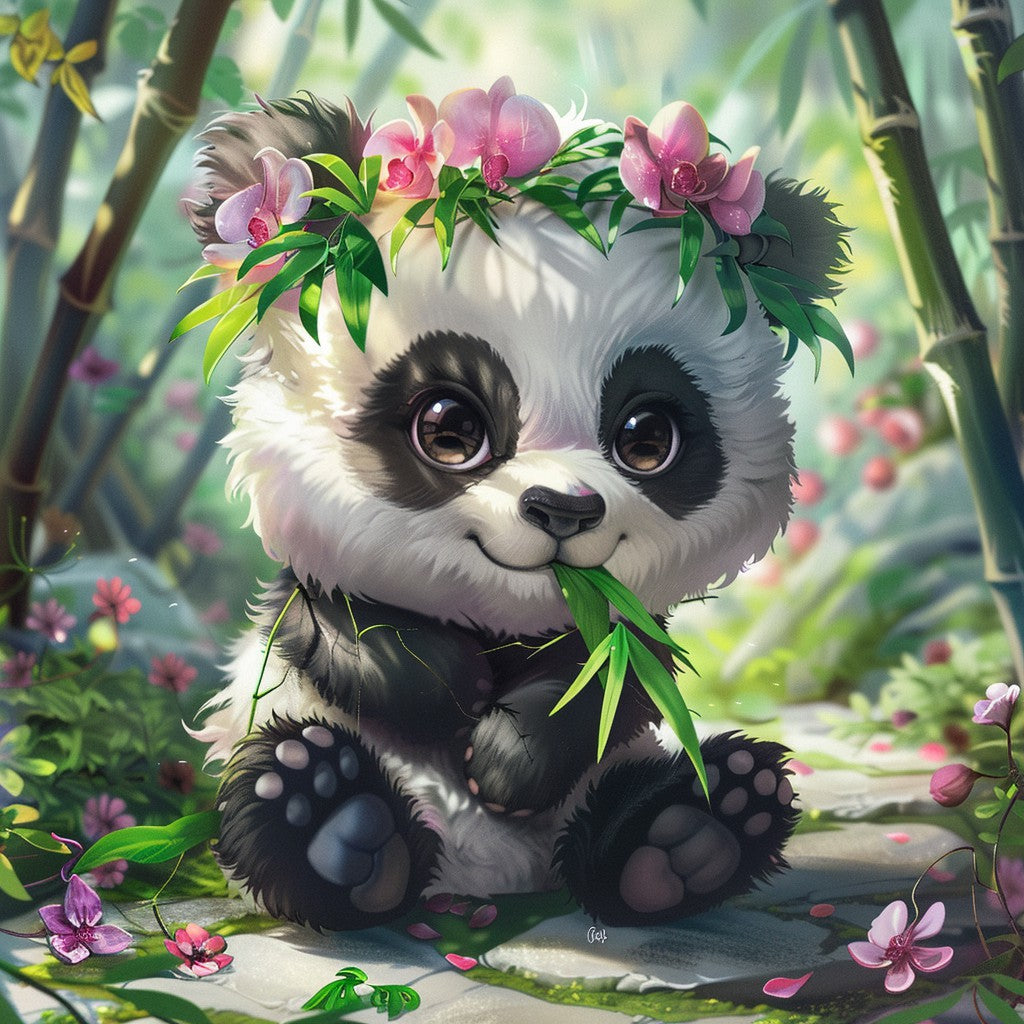 Panda med bambu och blommor – Diamantmålning
