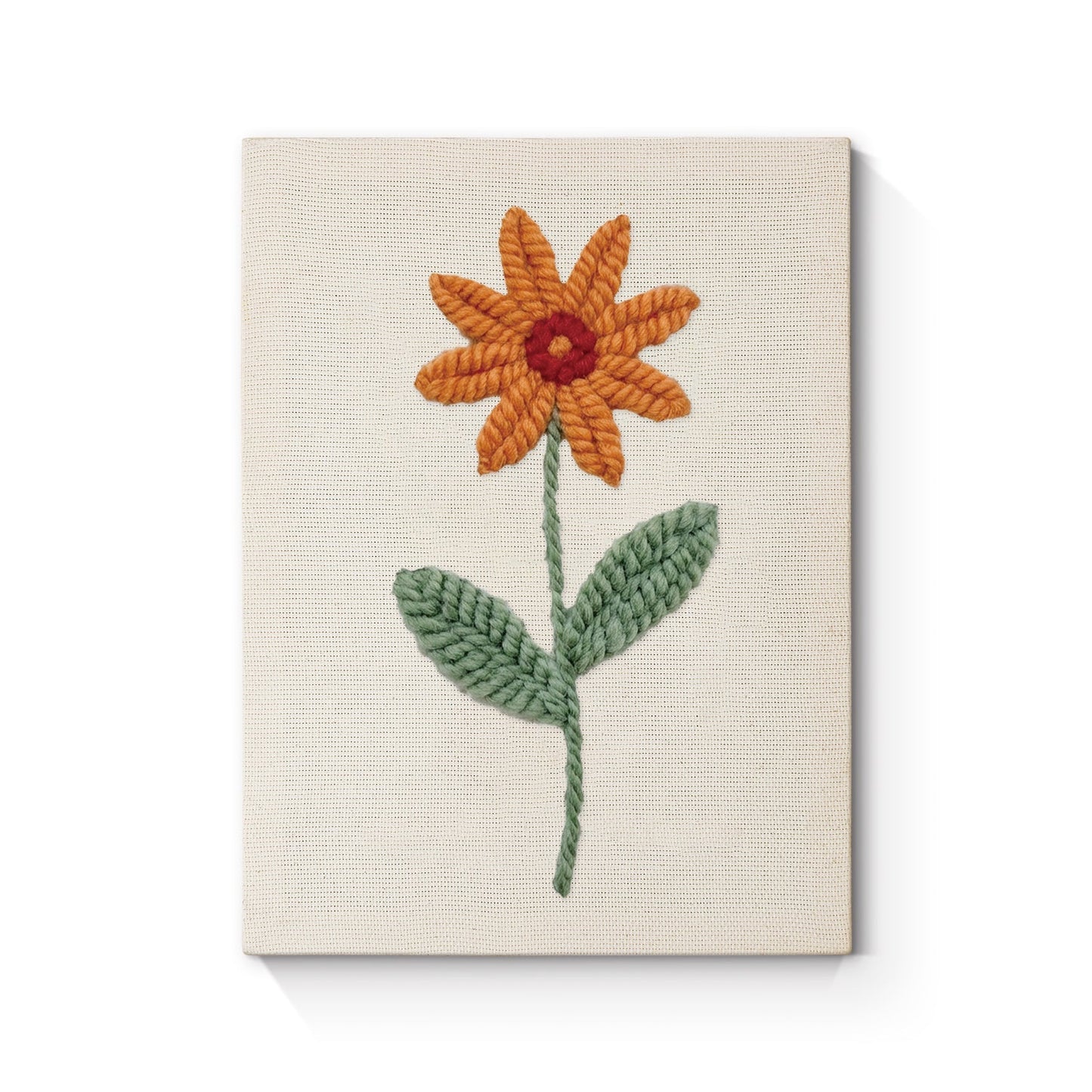 Orange blomma med gröna blad – Punch needle-broderi