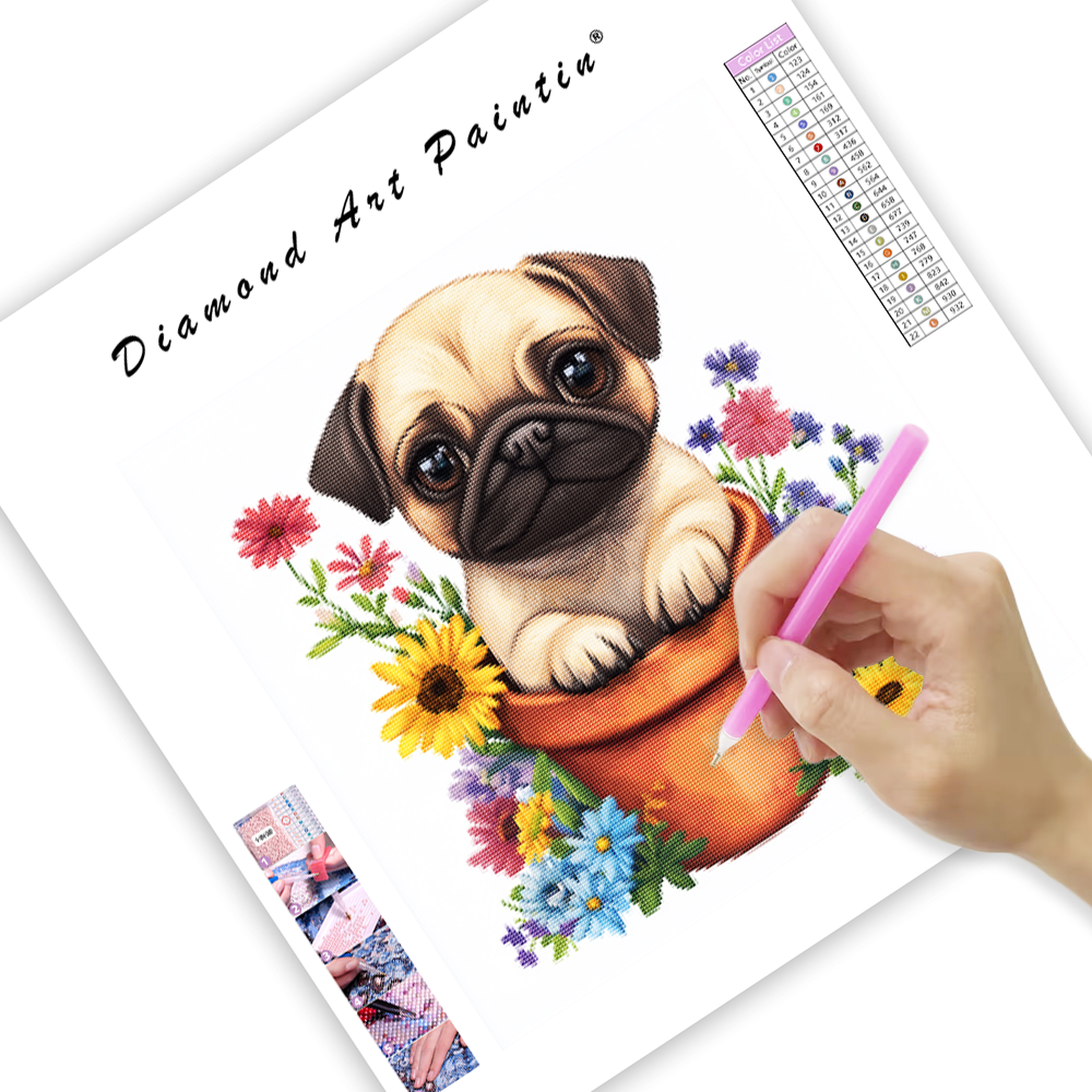 Mops i en blomkruka - Diamantmålning