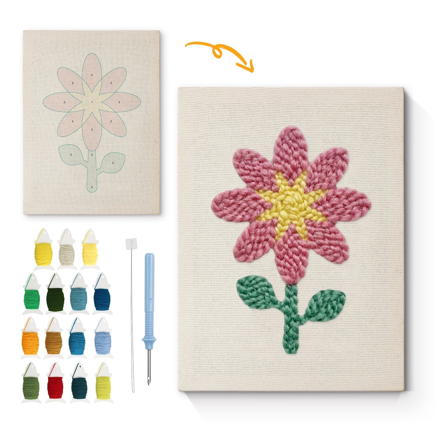 Rosa blomma med gul mitt – Punch needle-broderi