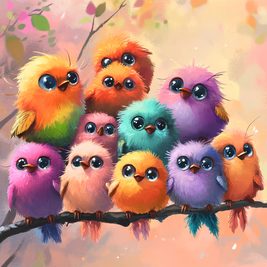 Färgglada fluffiga fåglar på en gren - Diamond Painting