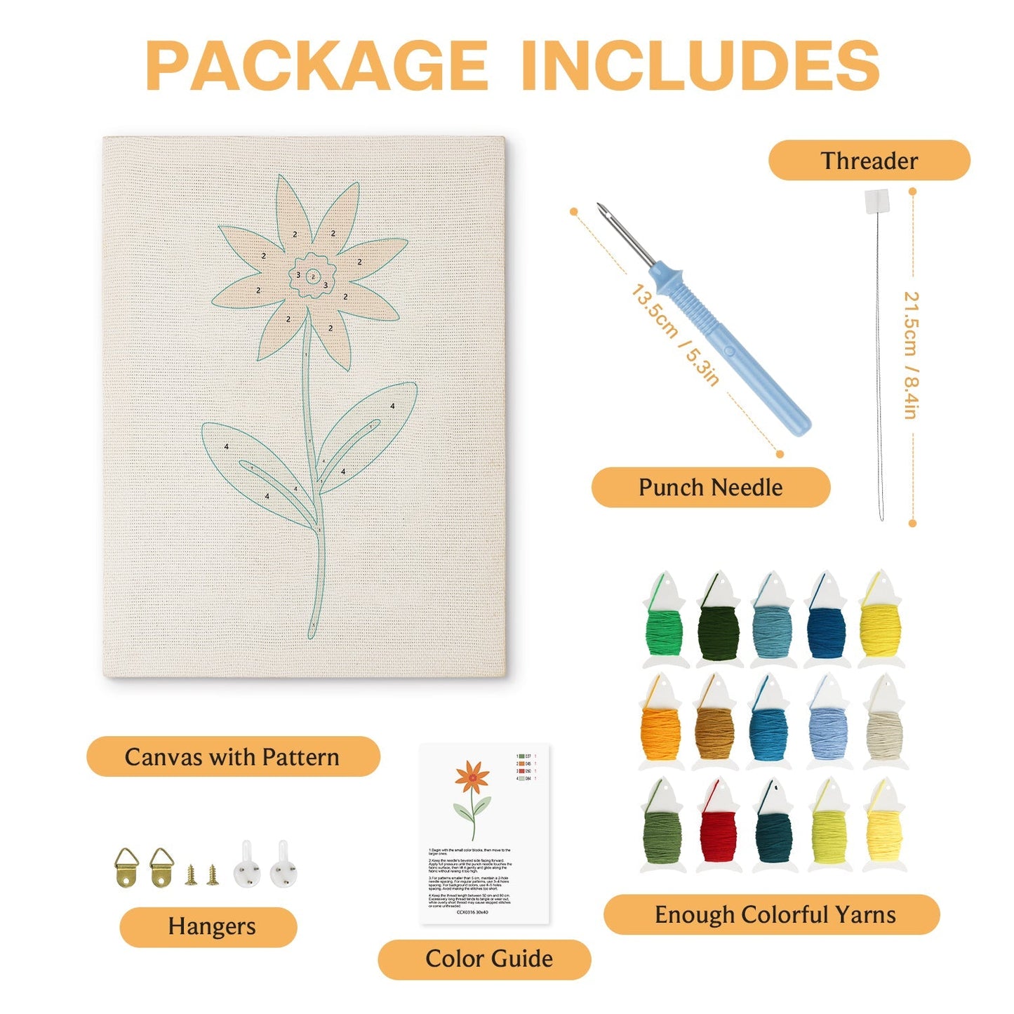 Orange blomma med gröna blad – Punch needle-broderi