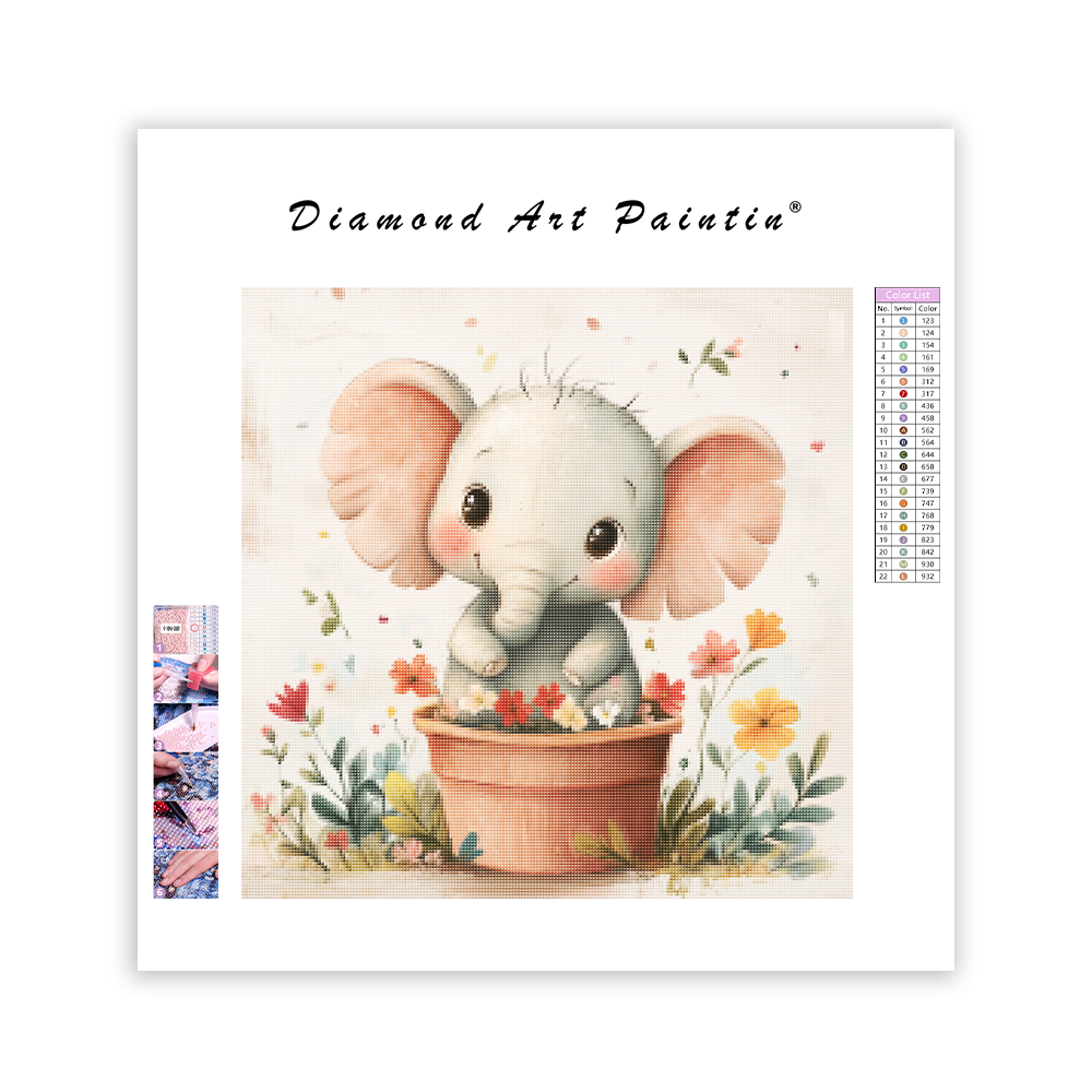 Glad elefant i en blomkruka - Diamantmålning
