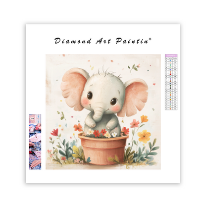 Glad elefant i en blomkruka - Diamantmålning