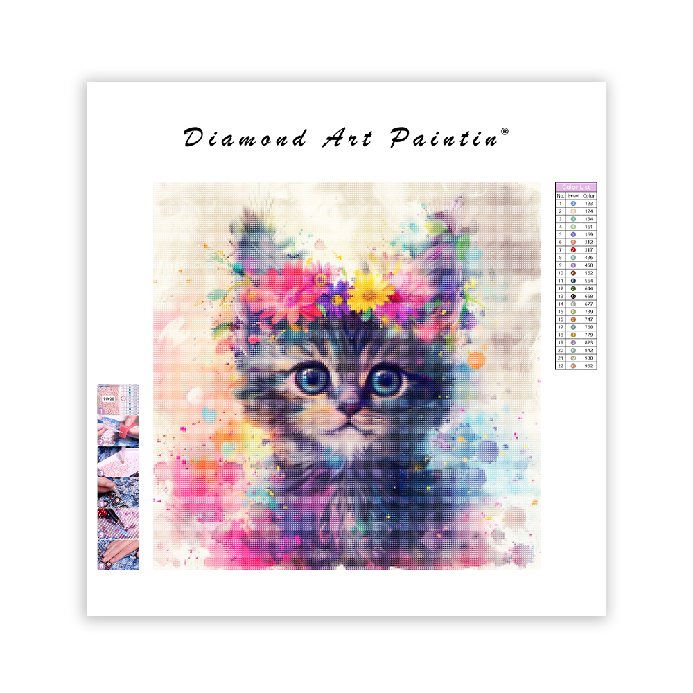 Blommig katt - Diamantmålning