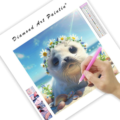 Säl bland strandblommor – Diamantmålning