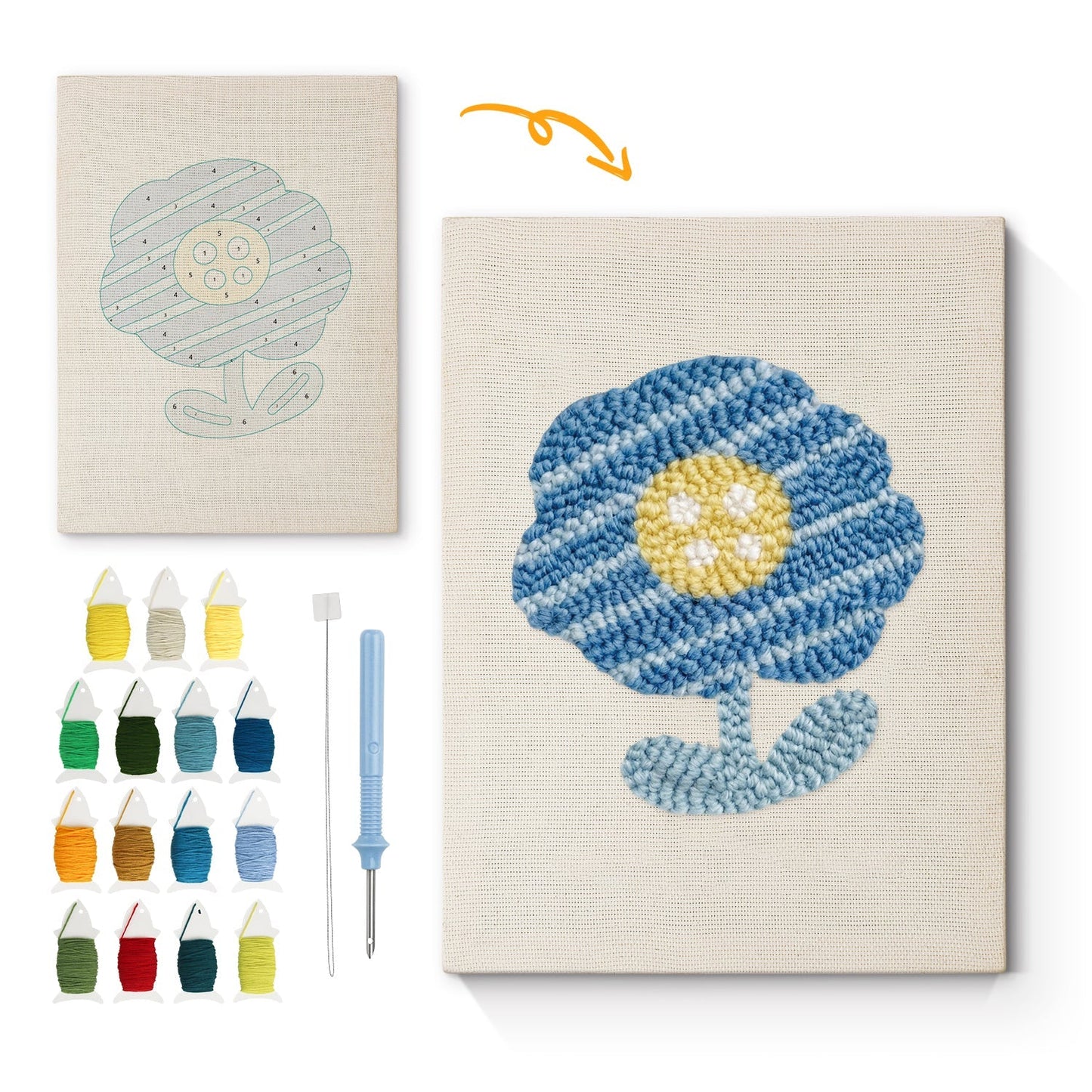 Blå och gul blomma med mjuka kronblad – Punch needle-broderi