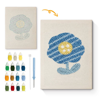 Blå och gul blomma med mjuka kronblad – Punch needle-broderi