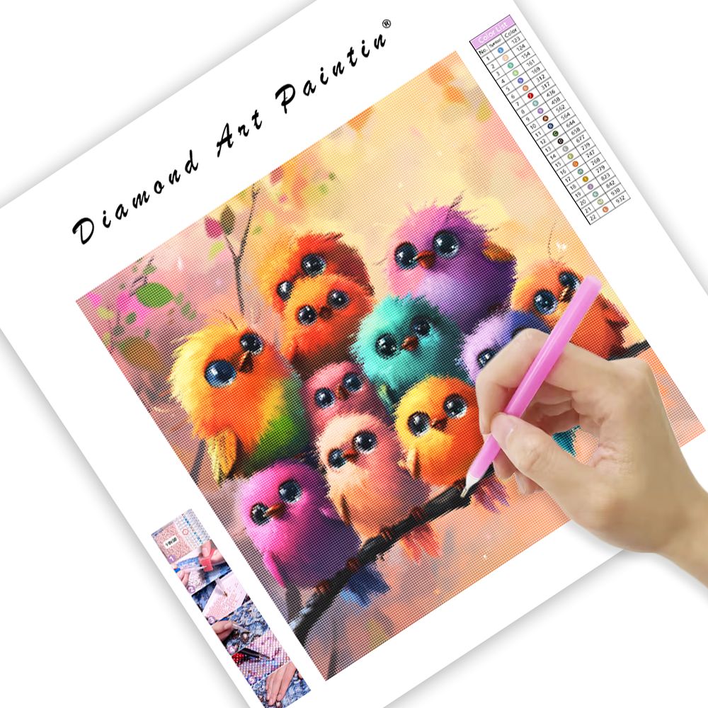 Färgglada fluffiga fåglar på en gren - Diamond Painting