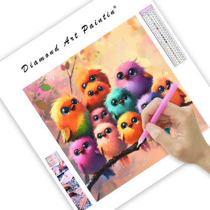 Färgglada fluffiga fåglar på en gren - Diamond Painting
