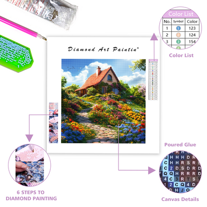 Färgglad stuga på en blomsterkulle - Diamond Painting