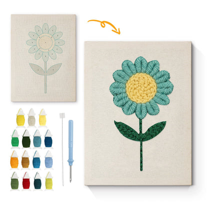 Blå blomma med gul mitt – Punch needle-broderi