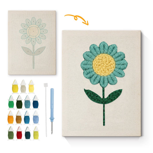 Blå blomma med gul mitt – Punch needle-broderi