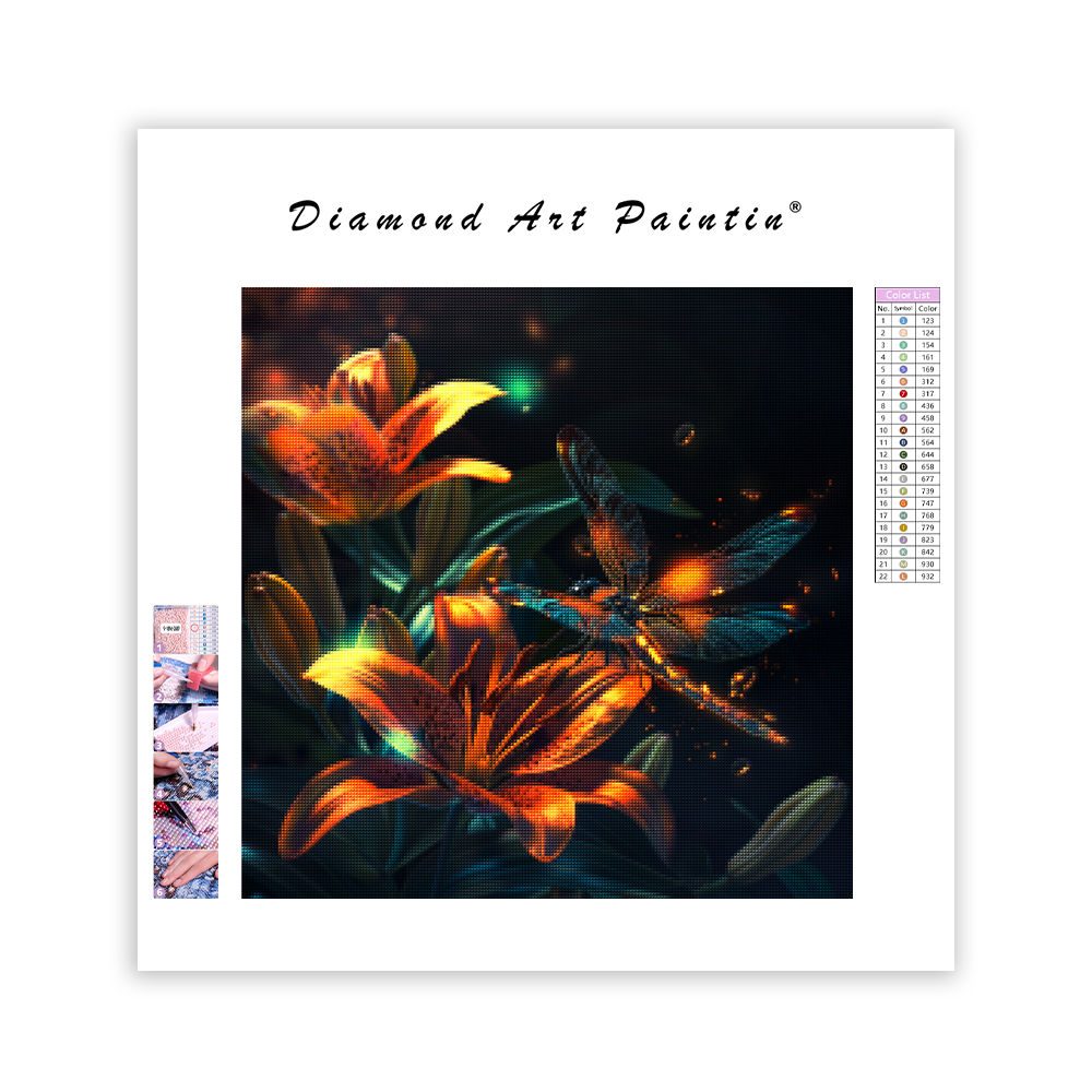 Trollslända nära livfulla orangea liljor - Diamond Painting