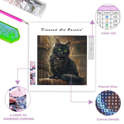 Svart Katt På Bunt Av BöCker - DiamantmåLning
