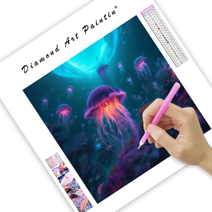 Flytande maneter i neonfärgat vatten - Diamond Painting