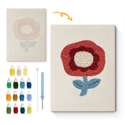 Röd blomma med blå blad – Punch needle-broderi