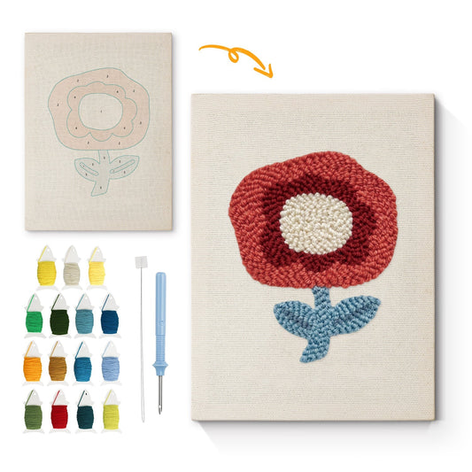 Röd blomma med blå blad – Punch needle-broderi