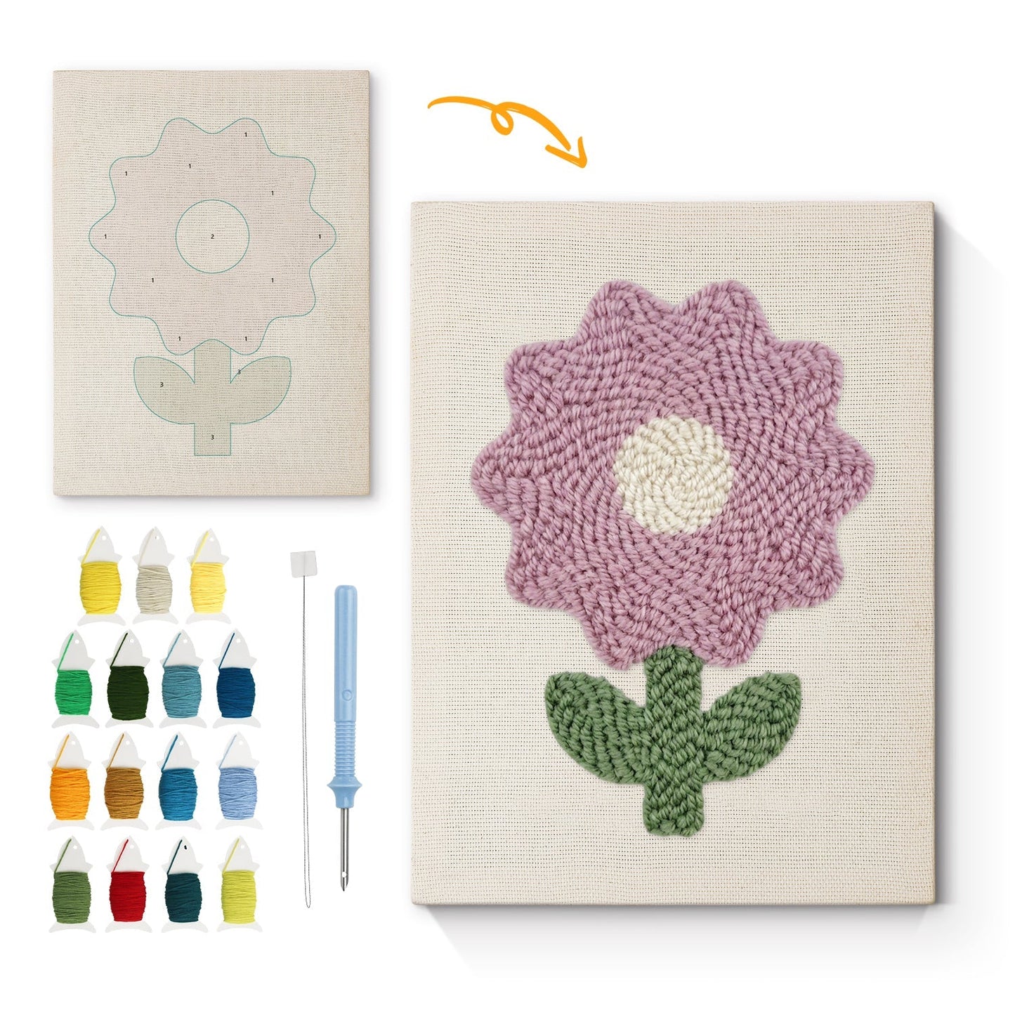 Rosa kruka med gröna blad och stjärna – Punch needle-broderi