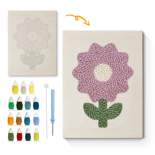 Rosa kruka med gröna blad och stjärna – Punch needle-broderi