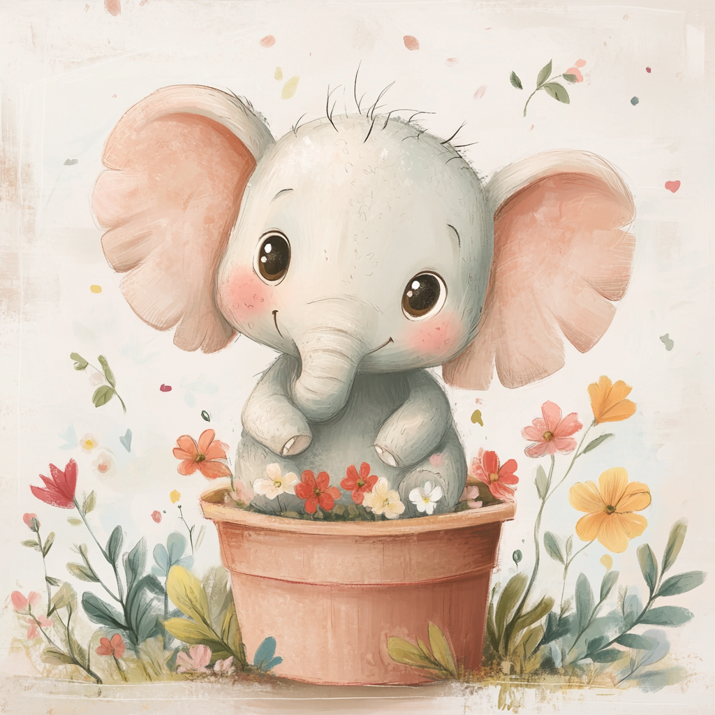 Glad elefant i en blomkruka - Diamantmålning