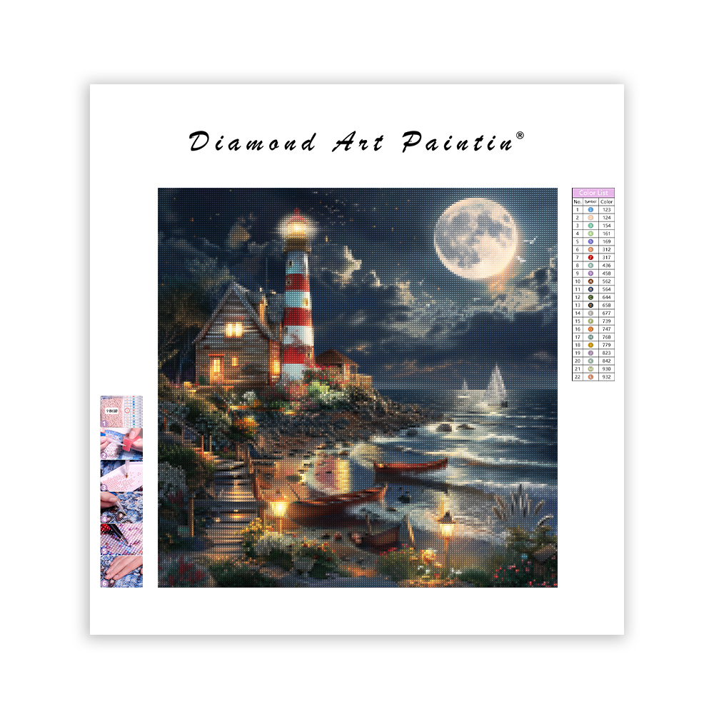Fyr under månen vid havet - Diamond Painting