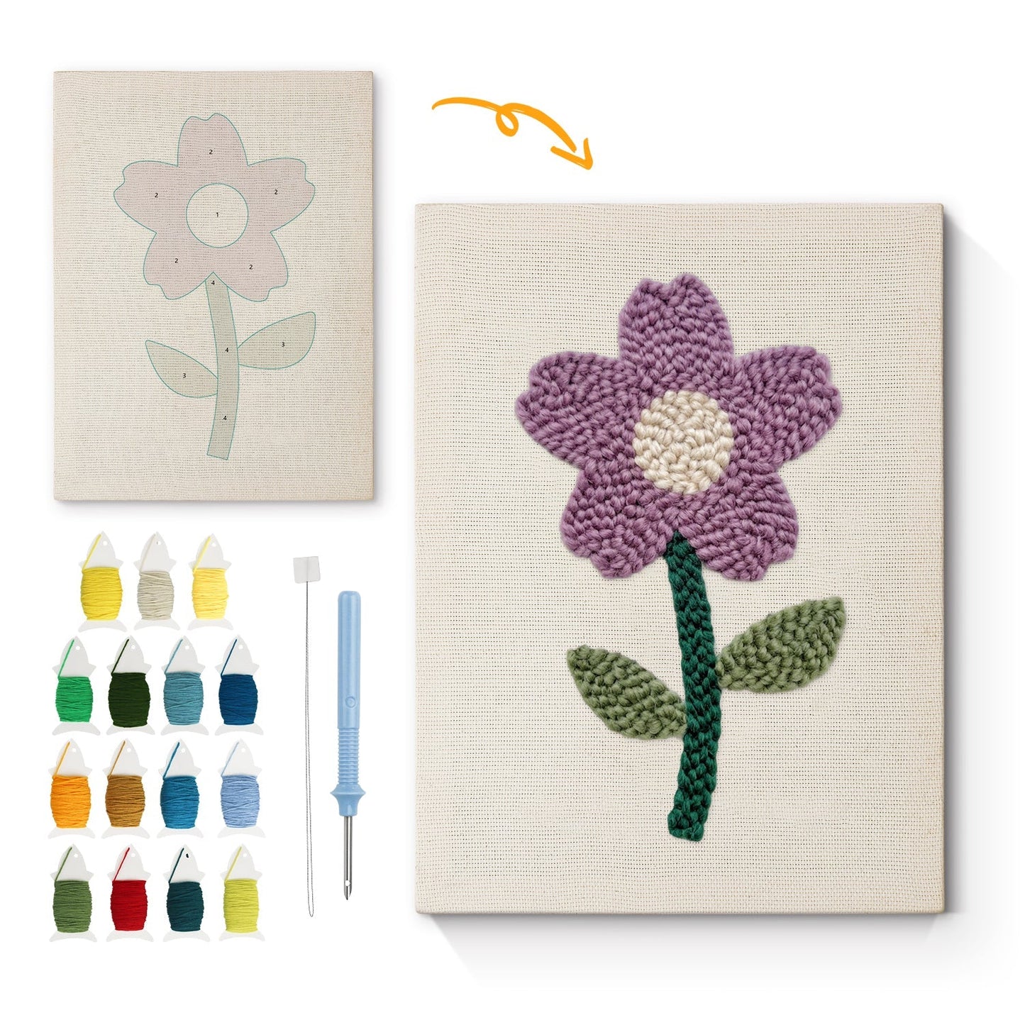 Lila blomma med grön stjälk – Punch needle-broderi