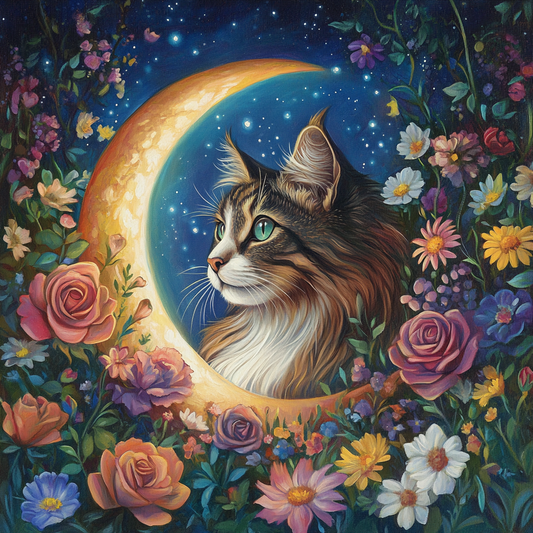 Katt i månen med blommor - Diamantmålning