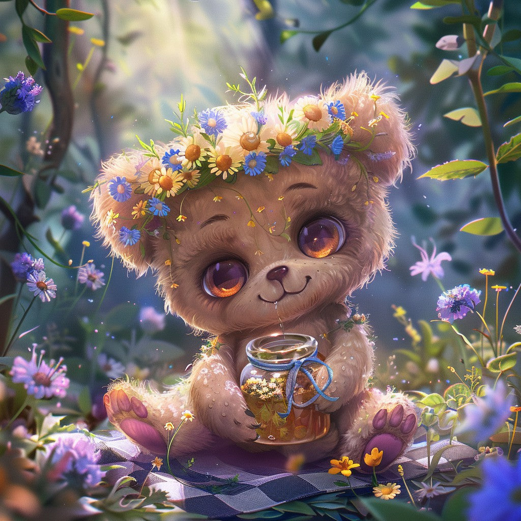 Honungsbjörn bland blommor – Diamantmålning