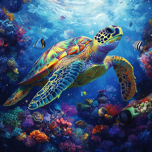 Färgglad sköldpadda i ett vibrerande korallrev - Diamond Painting
