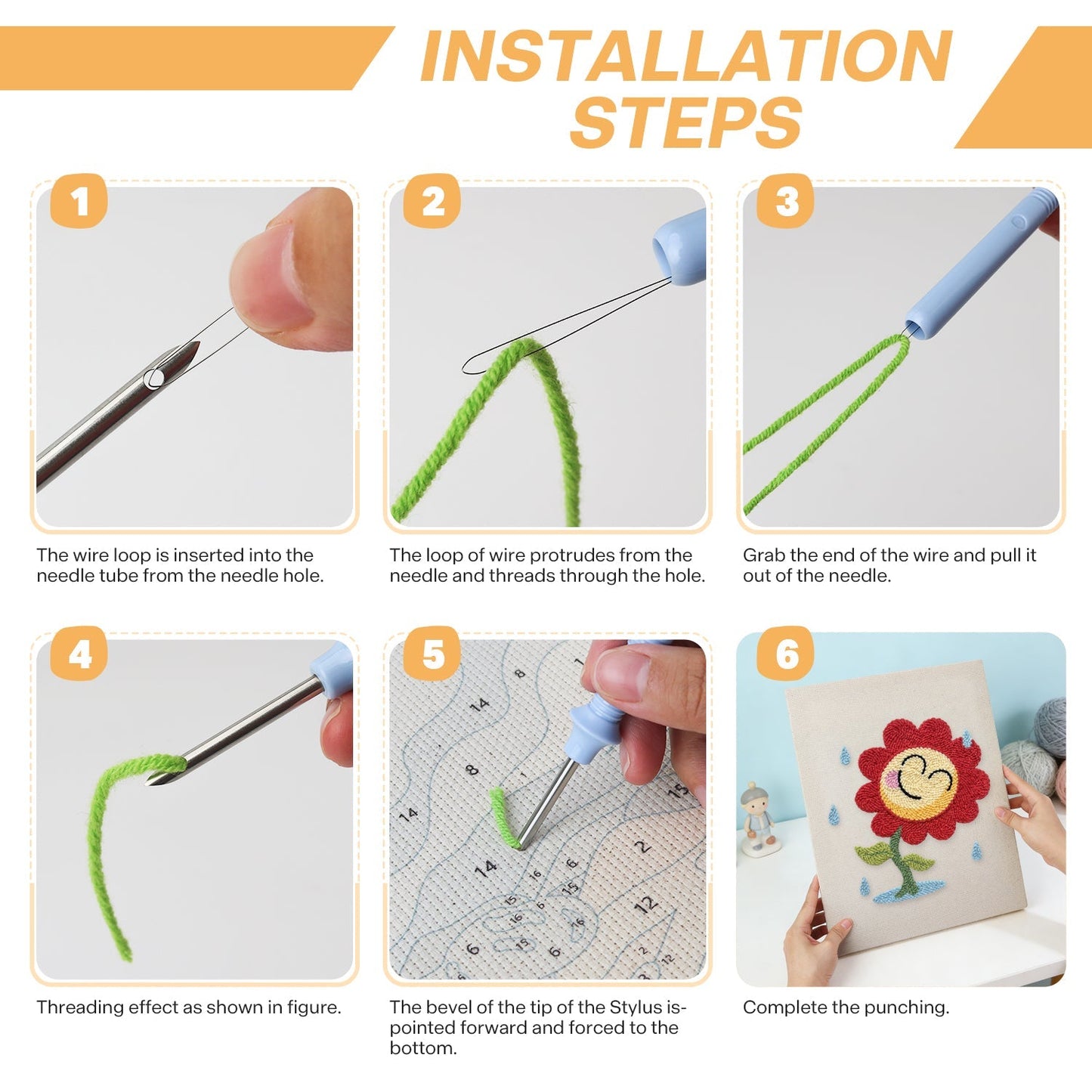 Leende solros i regn – Punch needle-broderi