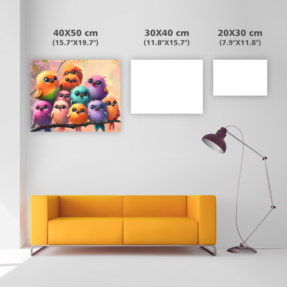 Färgglada fluffiga fåglar på en gren - Diamond Painting