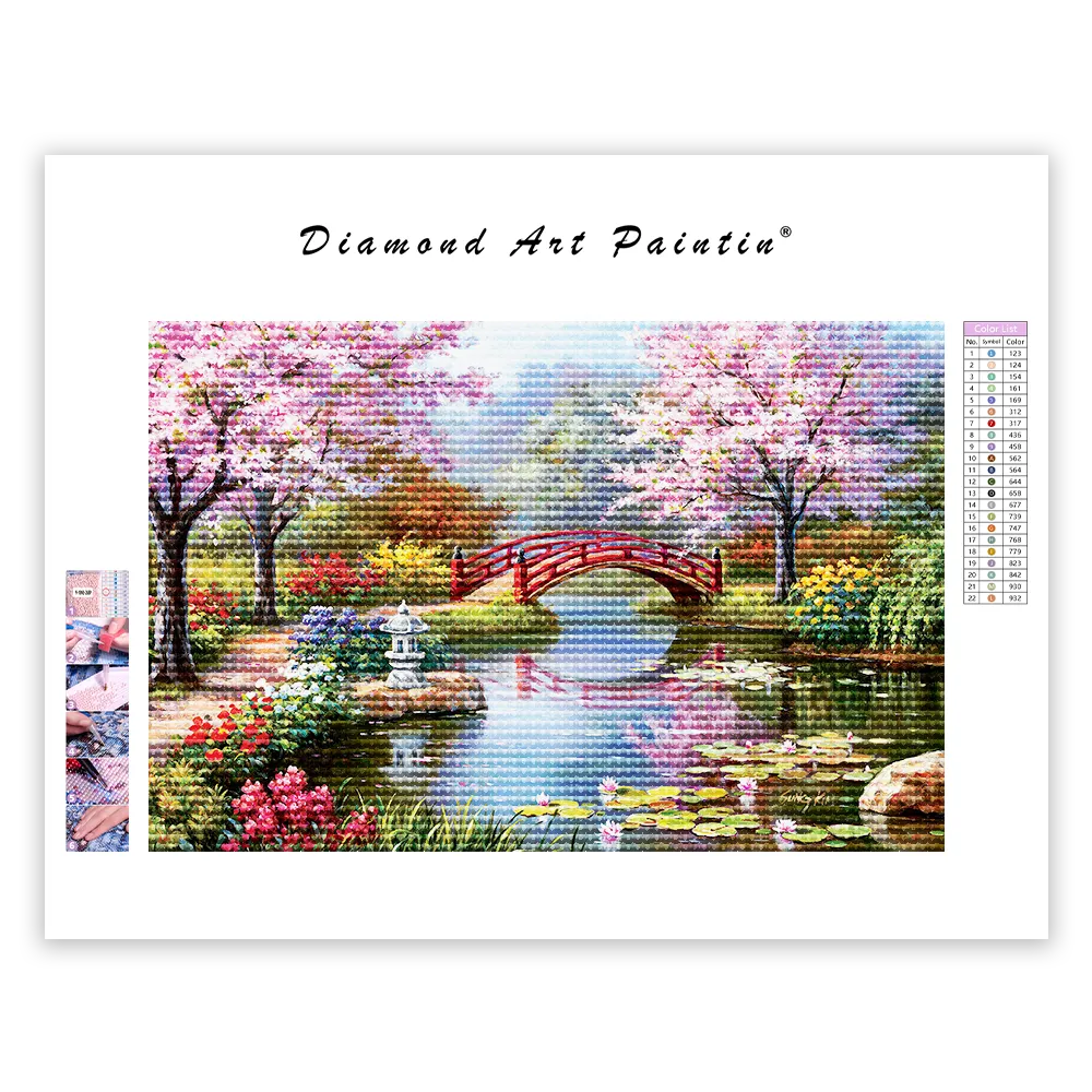 Cherry Tree Bridge River Flowers - DiamantmåLning