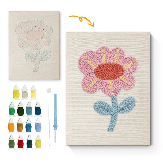 Rosa blomma med gula stråk – Punch needle-broderi