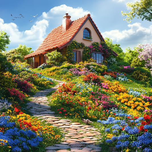 Färgglad stuga på en blomsterkulle - Diamond Painting