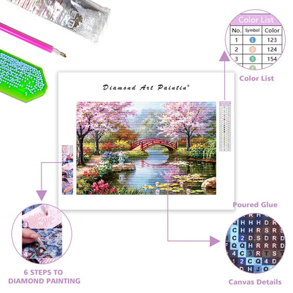 Cherry Tree Bridge River Flowers - DiamantmåLning