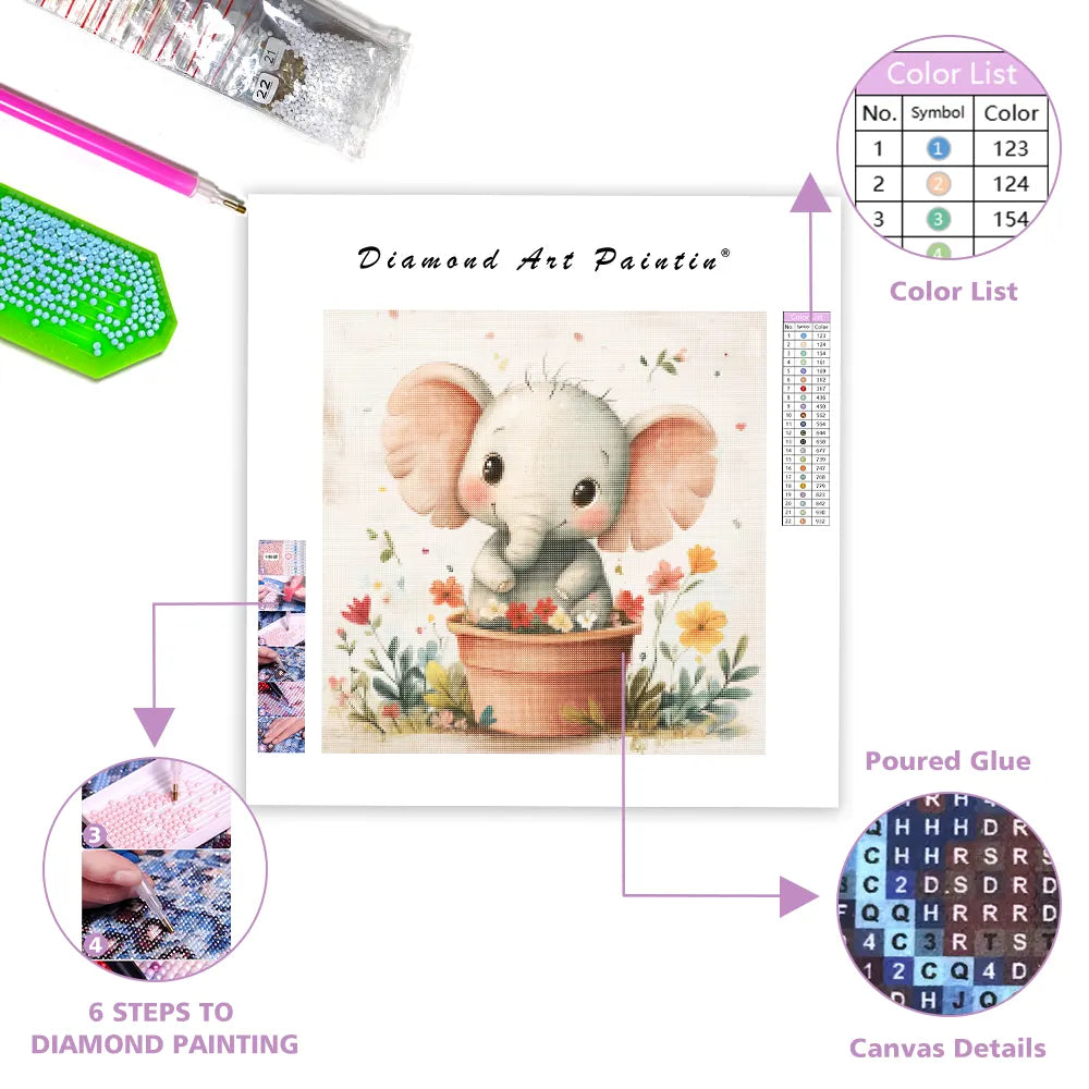 Glad elefant i en blomkruka - Diamantmålning